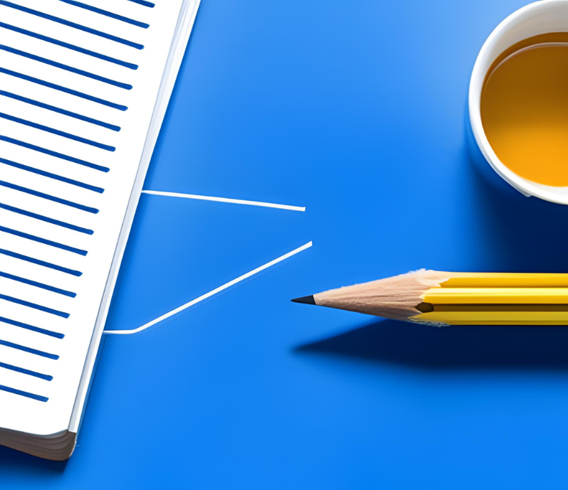 Escritorio azul con cuaderno de líneas azules, lápiz y café para la estructura SEO de un articulo